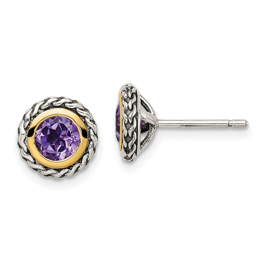 14K/Silver Two Tone Shey Couture Sterling Silver With 14K Accent Antiqued Round Bezel Amethyst Post Earrings
