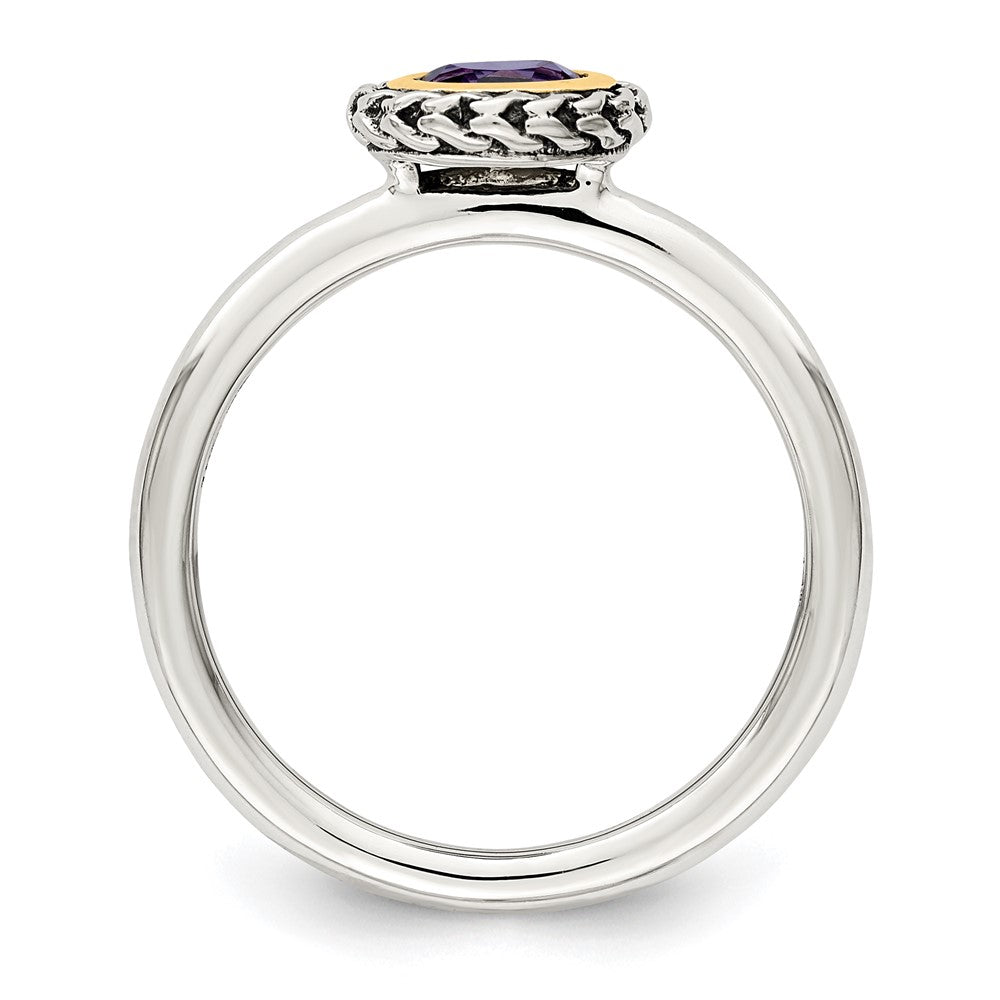 14K/Silver Two Tone Shey Couture Sterling Silver With 14K Accent Antiqued Round Bezel Amethyst Ring