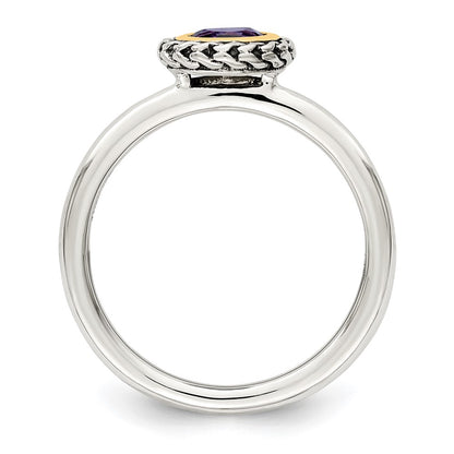 14K/Silver Two Tone Shey Couture Sterling Silver With 14K Accent Antiqued Round Bezel Amethyst Ring