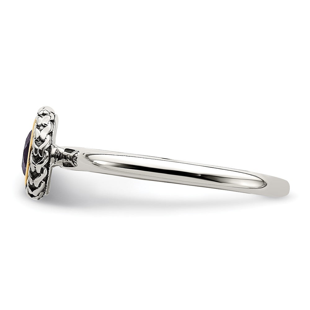 14K/Silver Two Tone Shey Couture Sterling Silver With 14K Accent Antiqued Round Bezel Amethyst Ring