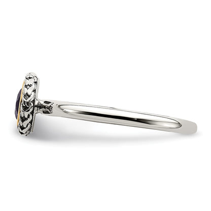 14K/Silver Two Tone Shey Couture Sterling Silver With 14K Accent Antiqued Round Bezel Amethyst Ring