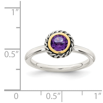 14K/Silver Two Tone Shey Couture Sterling Silver With 14K Accent Antiqued Round Bezel Amethyst Ring