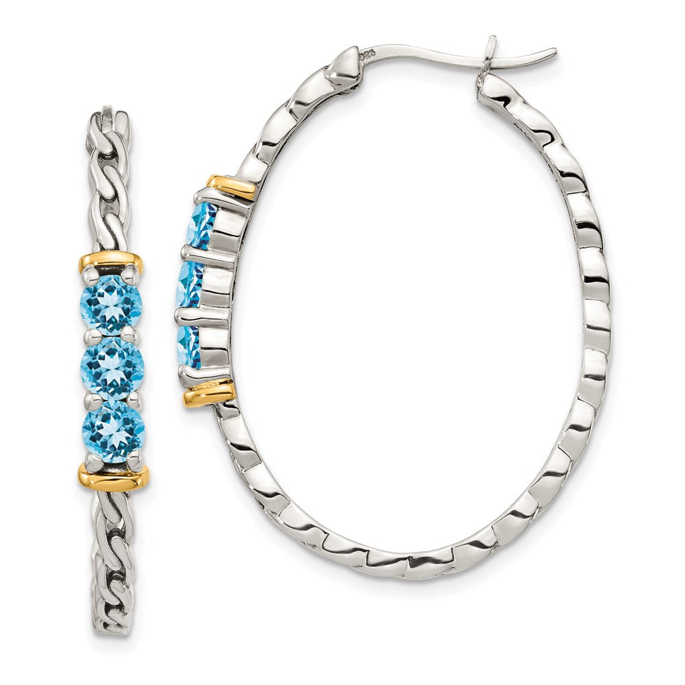 14K/Silver Two Tone Shey Couture Sterling Silver With 14K Accent Antiqued Round Light Swiss Blue Topaz Hoop Earrings