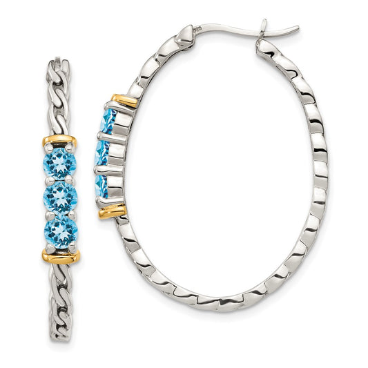 14K/Silver Two Tone Shey Couture Sterling Silver With 14K Accent Antiqued Round Light Swiss Blue Topaz Hoop Earrings