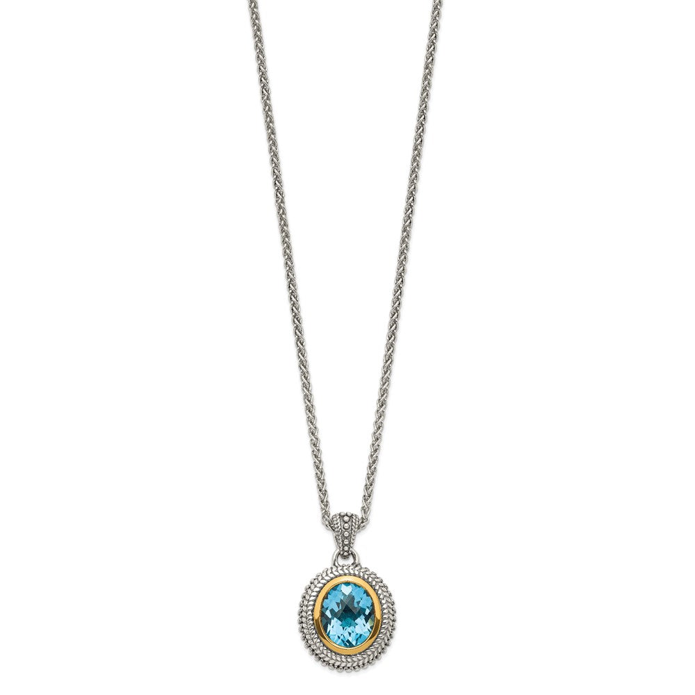 14K/Silver Two Tone Shey Couture Sterling Silver With 14K Accent 18 Inch Antiqued Oval Bezel Light Swiss Blue Topaz Necklace