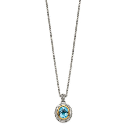 14K/Silver Two Tone Shey Couture Sterling Silver With 14K Accent 18 Inch Antiqued Oval Bezel Light Swiss Blue Topaz Necklace