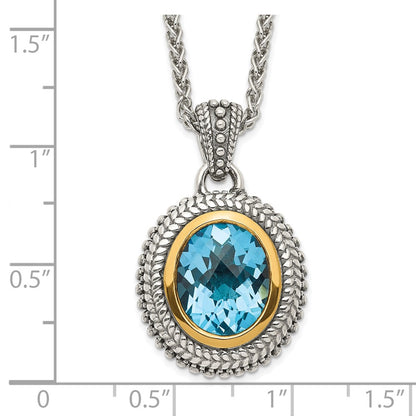 14K/Silver Two Tone Shey Couture Sterling Silver With 14K Accent 18 Inch Antiqued Oval Bezel Light Swiss Blue Topaz Necklace