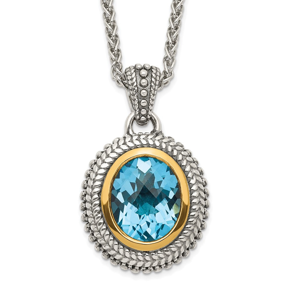 14K/Silver Two Tone Shey Couture Sterling Silver With 14K Accent 18 Inch Antiqued Oval Bezel Light Swiss Blue Topaz Necklace
