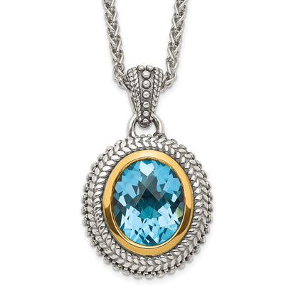 14K/Silver Two Tone Shey Couture Sterling Silver With 14K Accent 18 Inch Antiqued Oval Bezel Light Swiss Blue Topaz Necklace