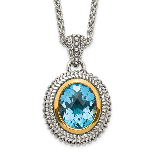 14K/Silver Two Tone Shey Couture Sterling Silver With 14K Accent 18 Inch Antiqued Oval Bezel Light Swiss Blue Topaz Necklace