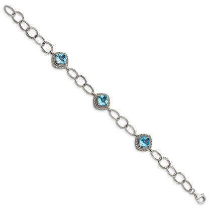 14K/Silver Two Tone Shey Couture Sterling Silver With 14K Accent 7.5 Inch Antiqued Cushion Light Swiss Blue Topaz Bracelet