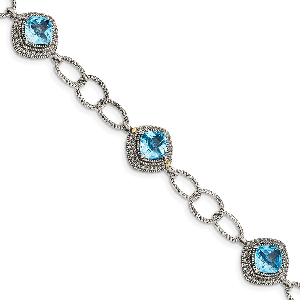 14K/Silver Two Tone Shey Couture Sterling Silver With 14K Accent 7.5 Inch Antiqued Cushion Light Swiss Blue Topaz Bracelet
