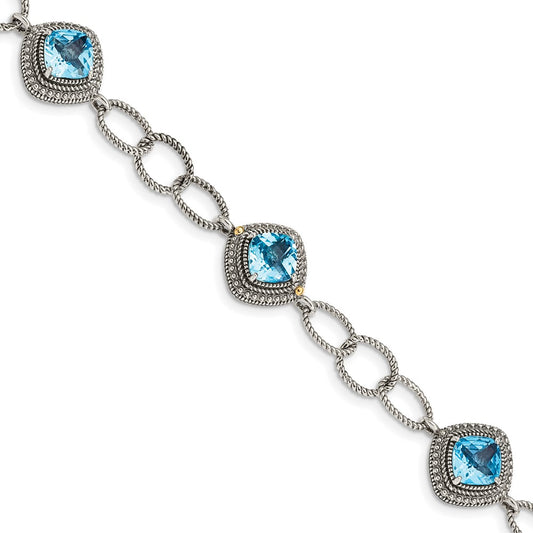 14K/Silver Two Tone Shey Couture Sterling Silver With 14K Accent 7.5 Inch Antiqued Cushion Light Swiss Blue Topaz Bracelet