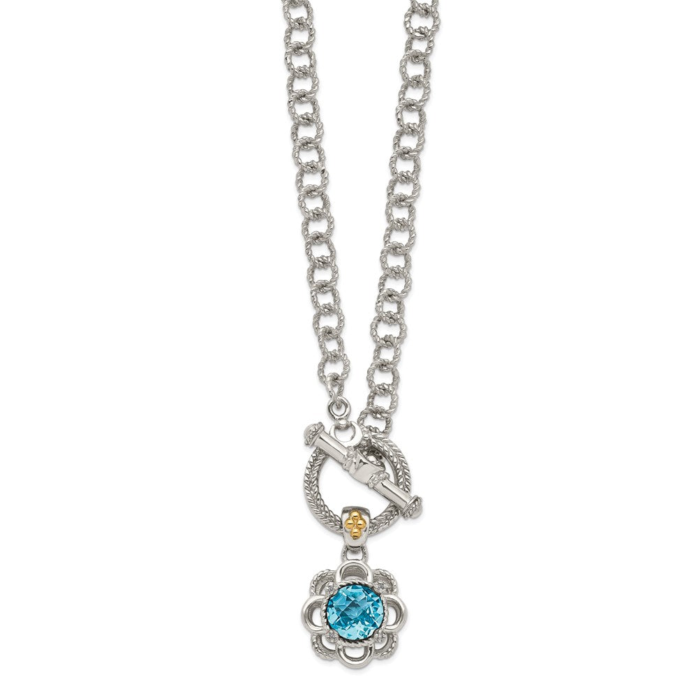 14K/Silver Two Tone Shey Couture Sterling Silver Rhodium Plated With 14K Accent 18 Inch Round Light Swiss Blue Topaz And Diamond Toggle Necklace
