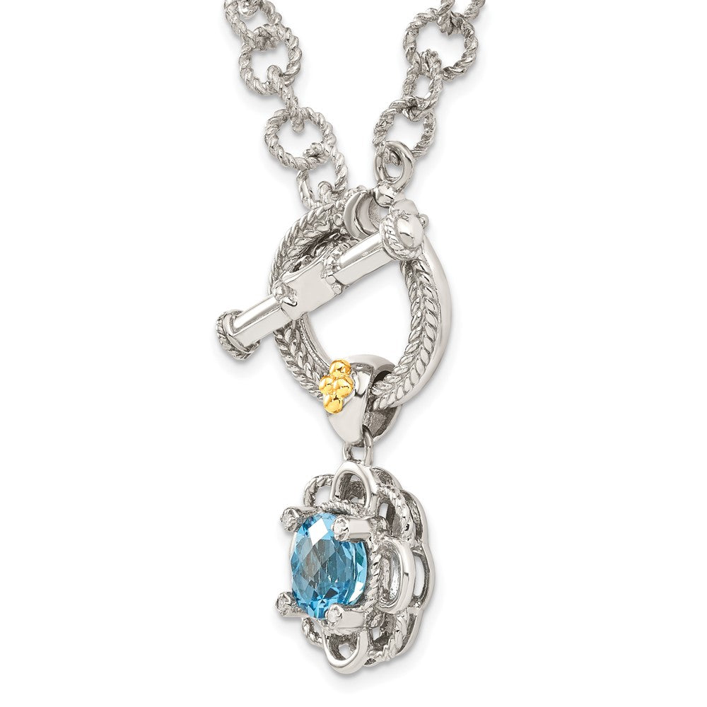 14K/Silver Two Tone Shey Couture Sterling Silver Rhodium Plated With 14K Accent 18 Inch Round Light Swiss Blue Topaz And Diamond Toggle Necklace