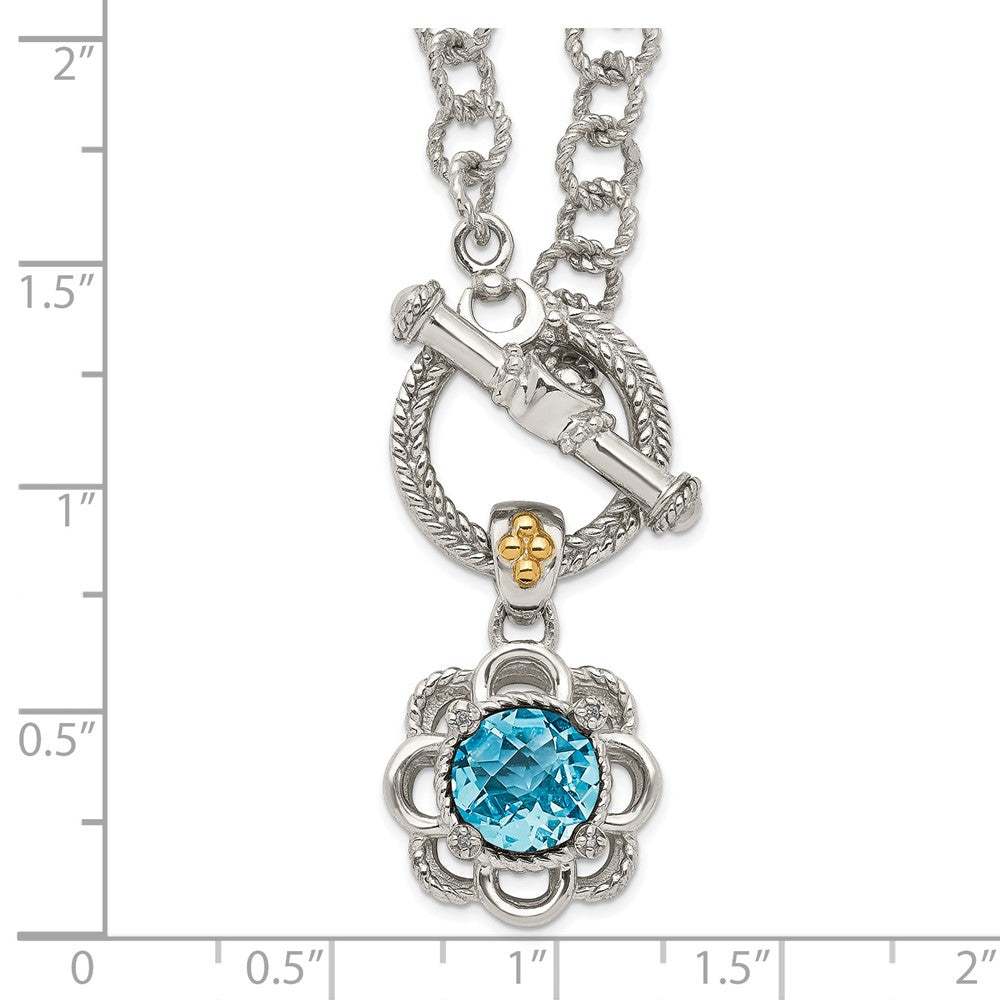 14K/Silver Two Tone Shey Couture Sterling Silver Rhodium Plated With 14K Accent 18 Inch Round Light Swiss Blue Topaz And Diamond Toggle Necklace