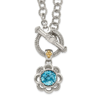 14K/Silver Two Tone Shey Couture Sterling Silver Rhodium Plated With 14K Accent 18 Inch Round Light Swiss Blue Topaz And Diamond Toggle Necklace