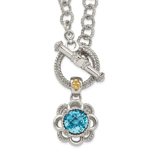 14K/Silver Two Tone Shey Couture Sterling Silver Rhodium Plated With 14K Accent 18 Inch Round Light Swiss Blue Topaz And Diamond Toggle Necklace
