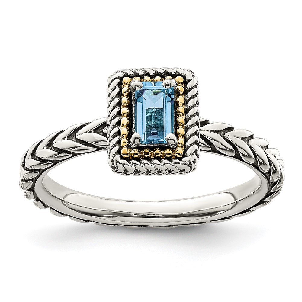 14K/Silver Two Tone Shey Couture Sterling Silver With 14K Accent Antiqued Emerald Cut Light Swiss Blue Topaz Ring