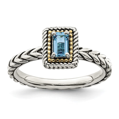 14K/Silver Two Tone Shey Couture Sterling Silver With 14K Accent Antiqued Emerald Cut Light Swiss Blue Topaz Ring