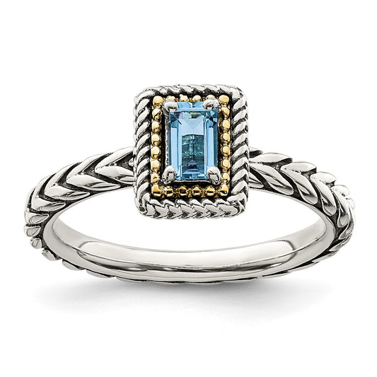 14K/Silver Two Tone Shey Couture Sterling Silver With 14K Accent Antiqued Emerald Cut Light Swiss Blue Topaz Ring