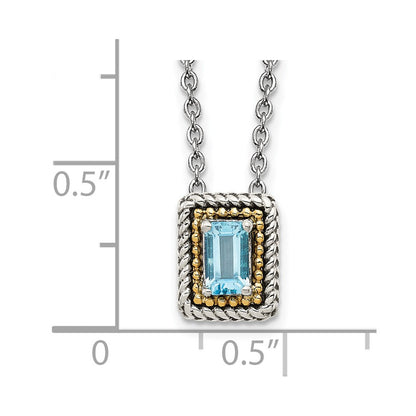 14K/Silver Two Tone Shey Couture Sterling Silver With 14K Accent 18 Inch Emerald Cut Antiqued Light Swiss Blue Topaz Necklace