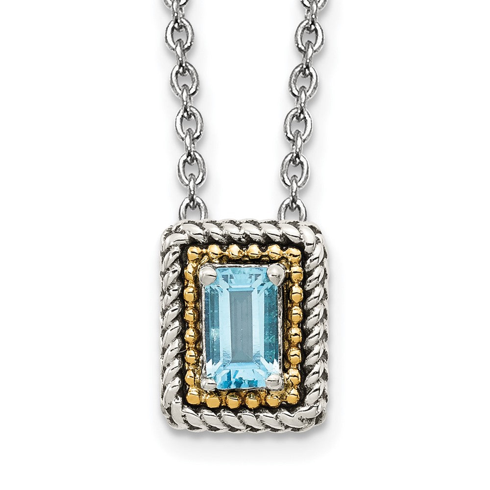 14K/Silver Two Tone Shey Couture Sterling Silver With 14K Accent 18 Inch Emerald Cut Antiqued Light Swiss Blue Topaz Necklace