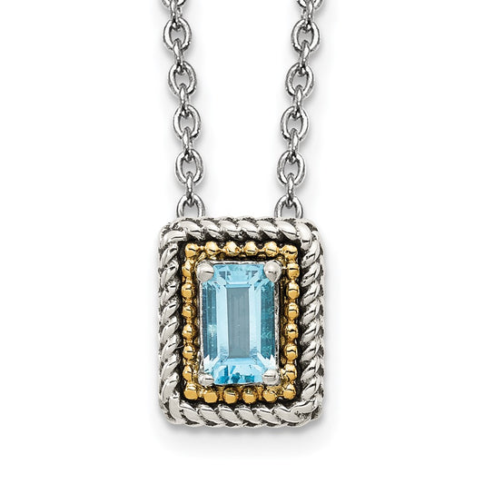 14K/Silver Two Tone Shey Couture Sterling Silver With 14K Accent 18 Inch Emerald Cut Antiqued Light Swiss Blue Topaz Necklace