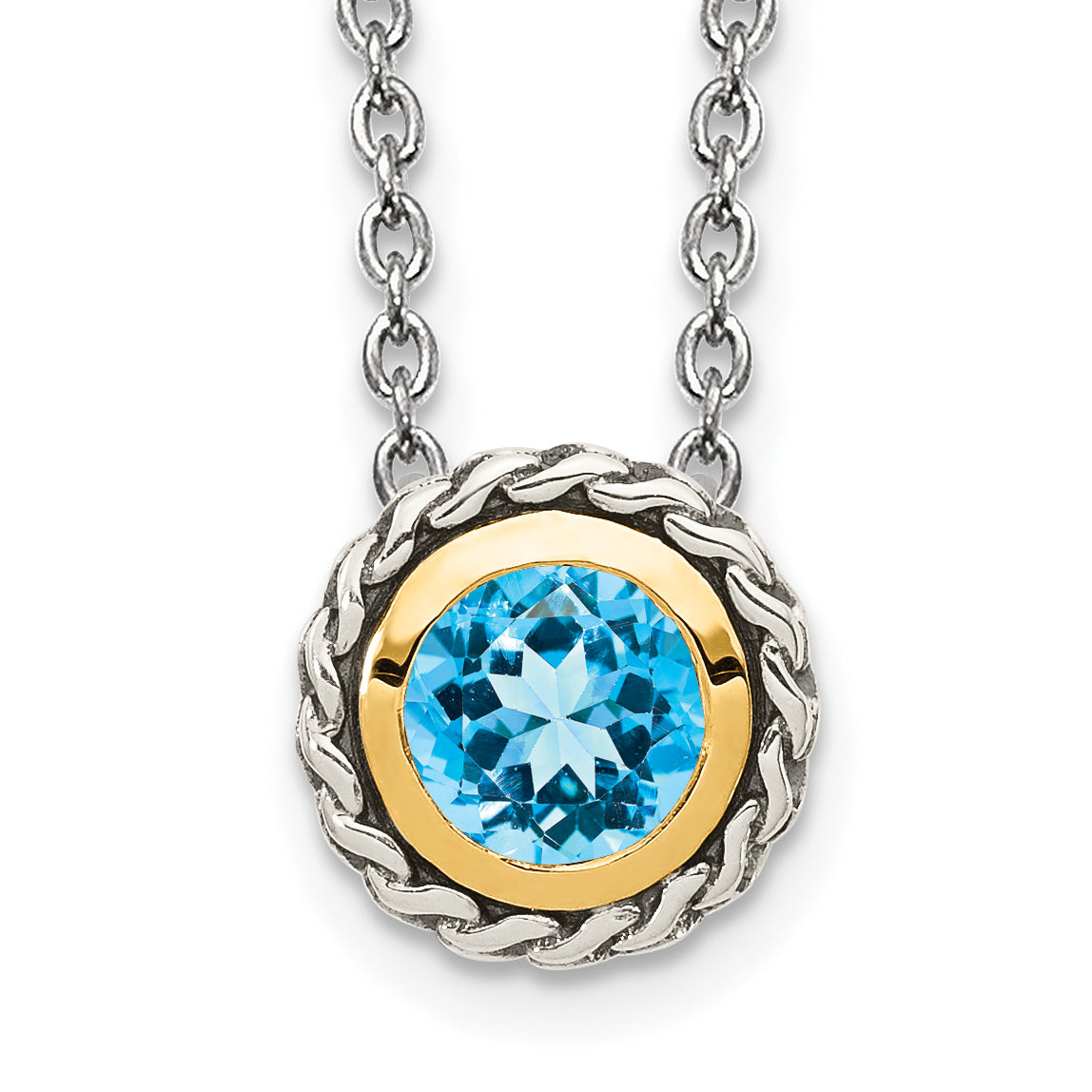 14K/Silver Two Tone Shey Couture Sterling Silver With 14K Accent 18 Inch Antiqued Round Light Swiss Blue Topaz Necklace