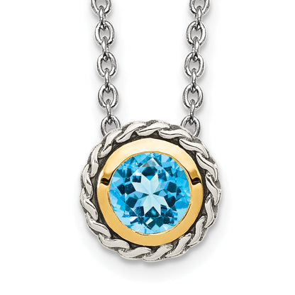 14K/Silver Two Tone Shey Couture Sterling Silver With 14K Accent 18 Inch Antiqued Round Light Swiss Blue Topaz Necklace
