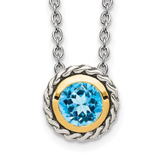 14K/Silver Two Tone Shey Couture Sterling Silver With 14K Accent 18 Inch Antiqued Round Light Swiss Blue Topaz Necklace