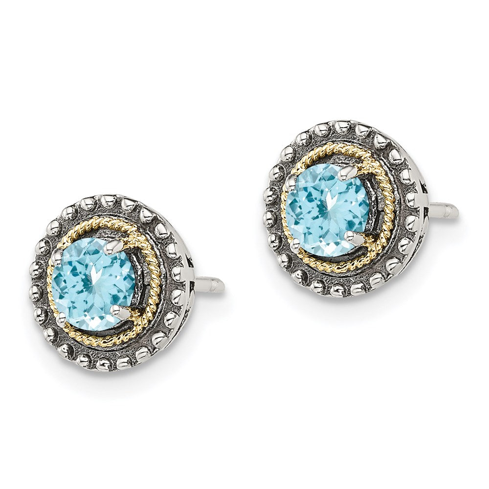 14K/Silver Two Tone Shey Couture Sterling Silver With 14K Accent Antiqued Round Light Swiss Blue Topaz Post Earrings