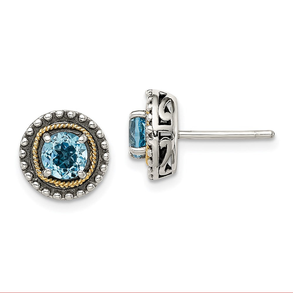 14K/Silver Two Tone Shey Couture Sterling Silver With 14K Accent Antiqued Round Light Swiss Blue Topaz Post Earrings