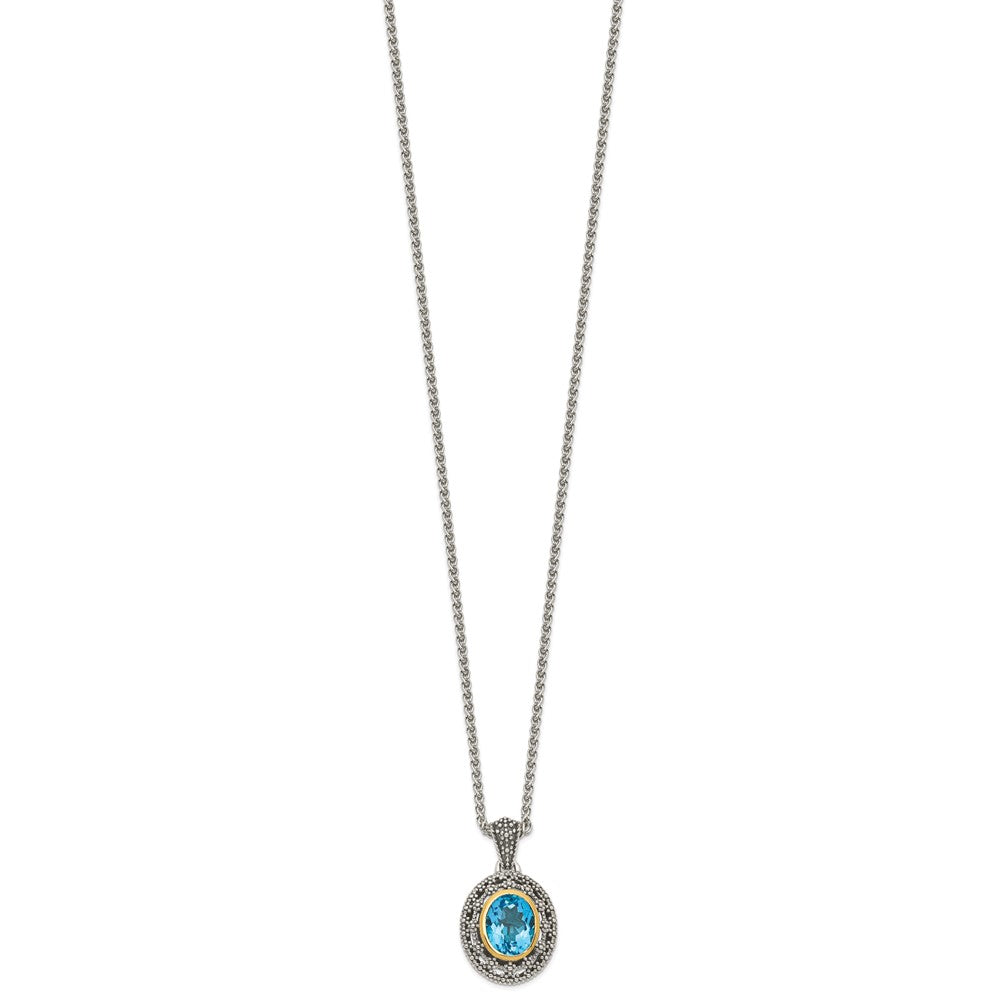 14K/Silver Two Tone Shey Couture Sterling Silver With 14K Accent 18 Inch Antiqued Light Swiss Blue Topaz Oval Necklace