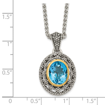 14K/Silver Two Tone Shey Couture Sterling Silver With 14K Accent 18 Inch Antiqued Light Swiss Blue Topaz Oval Necklace