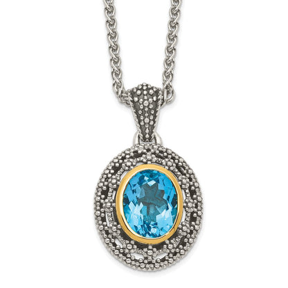 14K/Silver Two Tone Shey Couture Sterling Silver With 14K Accent 18 Inch Antiqued Light Swiss Blue Topaz Oval Necklace