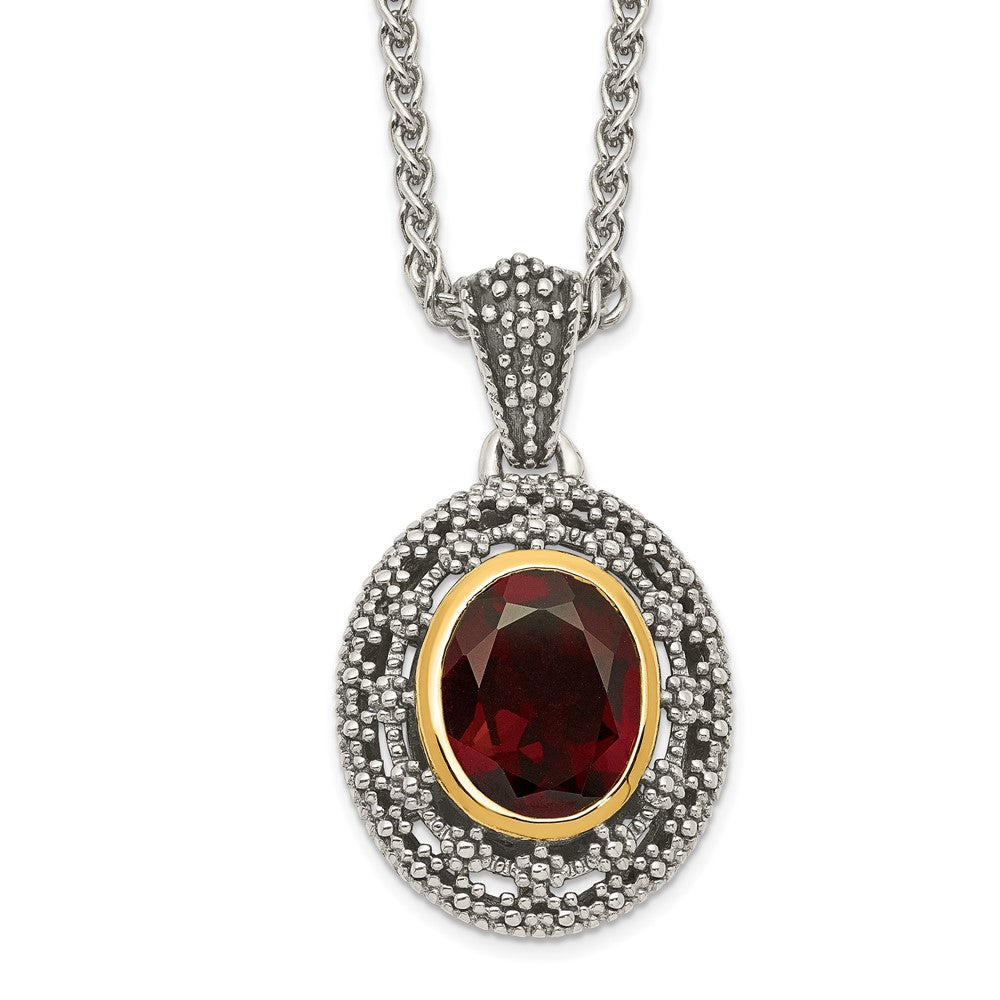 14K/Silver Two Tone Shey Couture Sterling Silver With 14K Accent 18 Inch Antiqued Oval Garnet Necklace