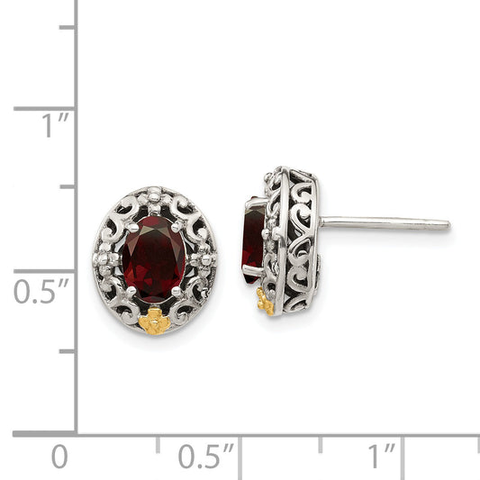 14K/Silver Two Tone Shey Couture Sterling Silver With 14K Accent Antiqued Oval Garnet Post Earrings