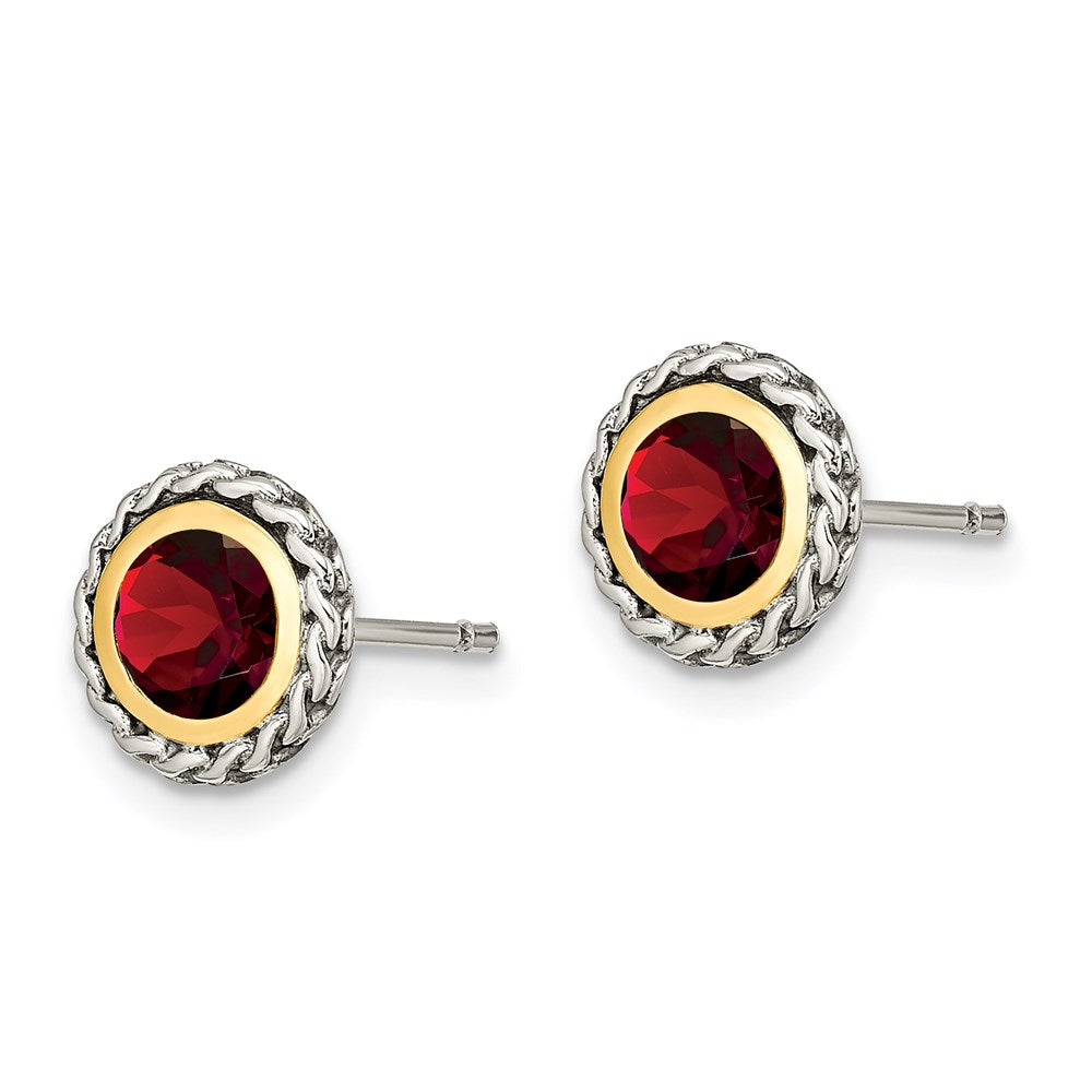 14K/Silver Two Tone Shey Couture Sterling Silver With 14K Accent Antiqued Round Bezel Garnet Post Earrings