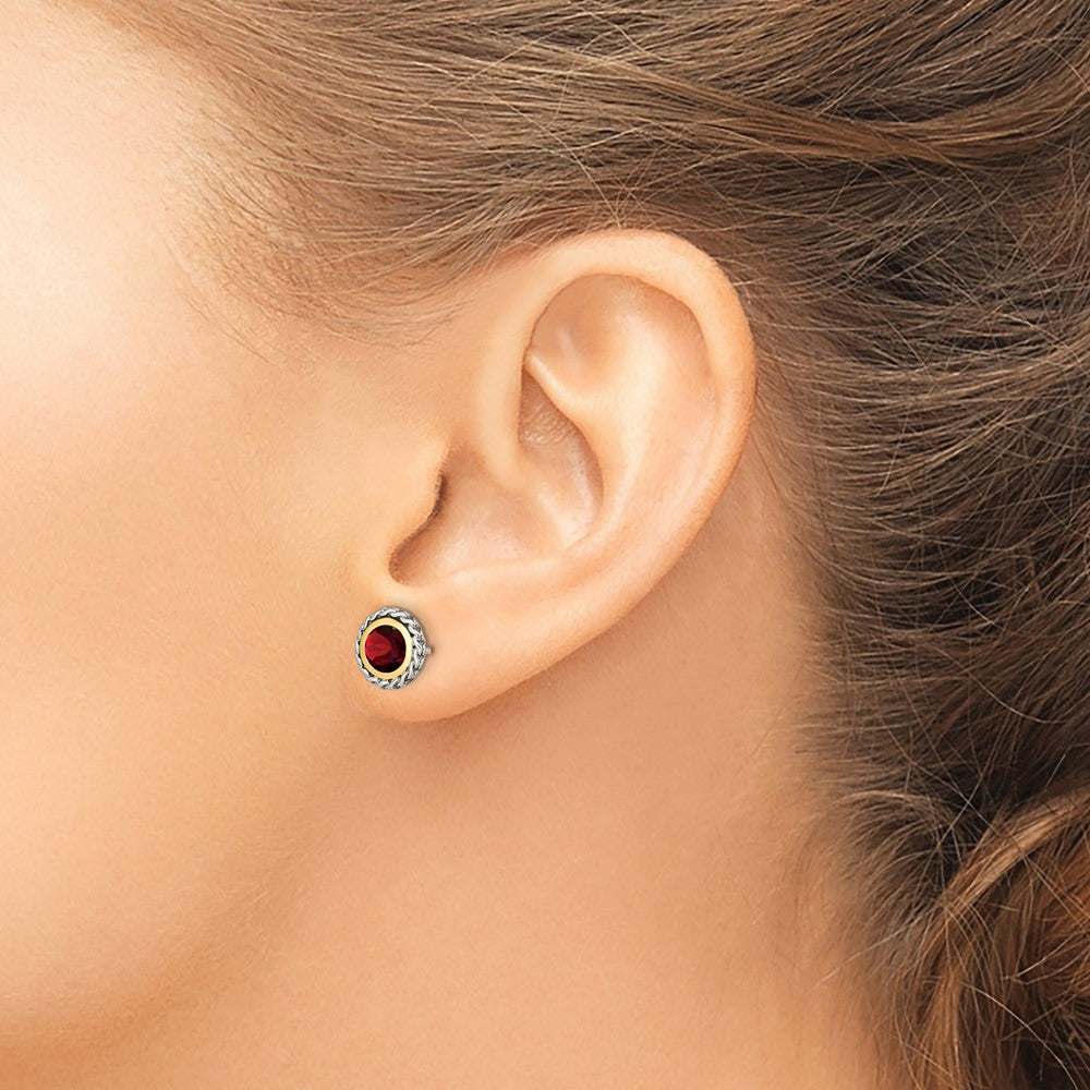 14K/Silver Two Tone Shey Couture Sterling Silver With 14K Accent Antiqued Round Bezel Garnet Post Earrings