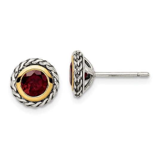 14K/Silver Two Tone Shey Couture Sterling Silver With 14K Accent Antiqued Round Bezel Garnet Post Earrings