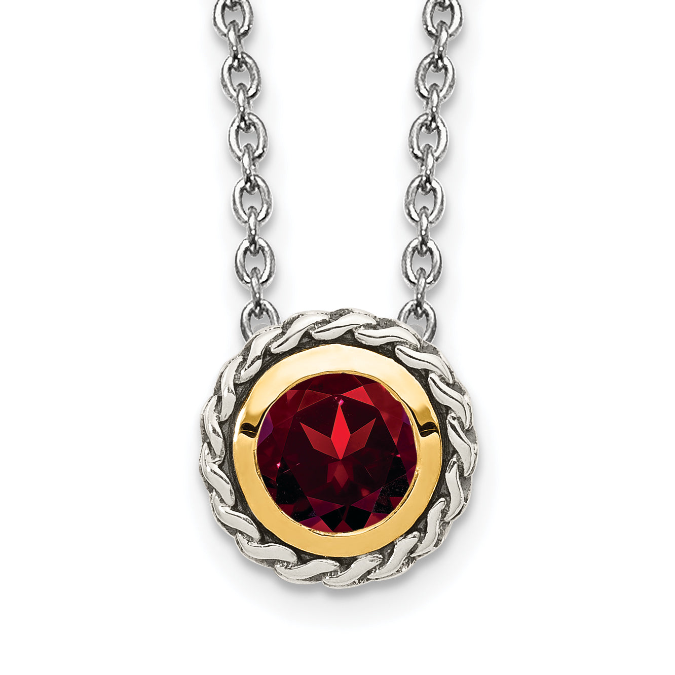 14K/Silver Two Tone Shey Couture Sterling Silver With 14K Accent 18 Inch Antiqued Round Bezel Garnet Necklace