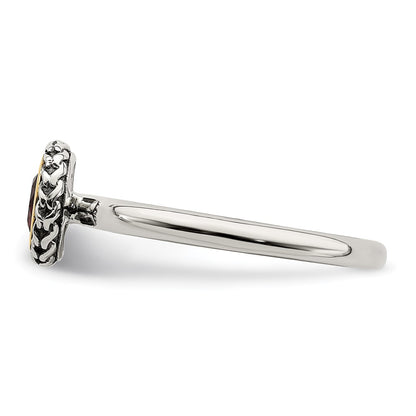 14K/Silver Two Tone Shey Couture Sterling Silver With 14K Accent Antiqued Round Bezel Garnet Ring