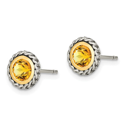 14K/Silver Two Tone Shey Couture Sterling Silver With 14K Accent Antiqued Round Bezel Citrine Post Earrings