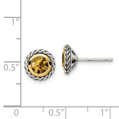 14K/Silver Two Tone Shey Couture Sterling Silver With 14K Accent Antiqued Round Bezel Citrine Post Earrings