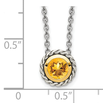 14K/Silver Two Tone Shey Couture Sterling Silver With 14K Accent 18 Inch Antiqued Round Bezel Citrine Necklace