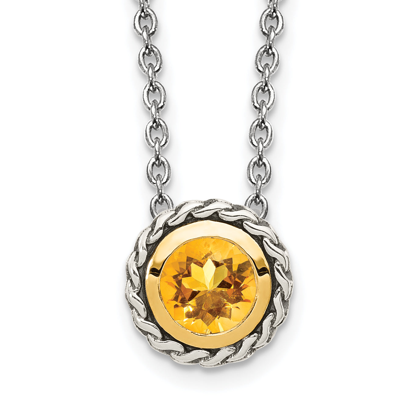 14K/Silver Two Tone Shey Couture Sterling Silver With 14K Accent 18 Inch Antiqued Round Bezel Citrine Necklace