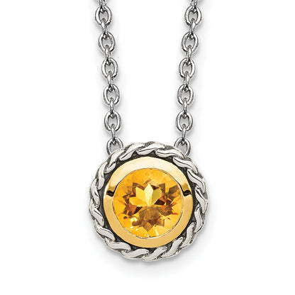 14K/Silver Two Tone Shey Couture Sterling Silver With 14K Accent 18 Inch Antiqued Round Bezel Citrine Necklace
