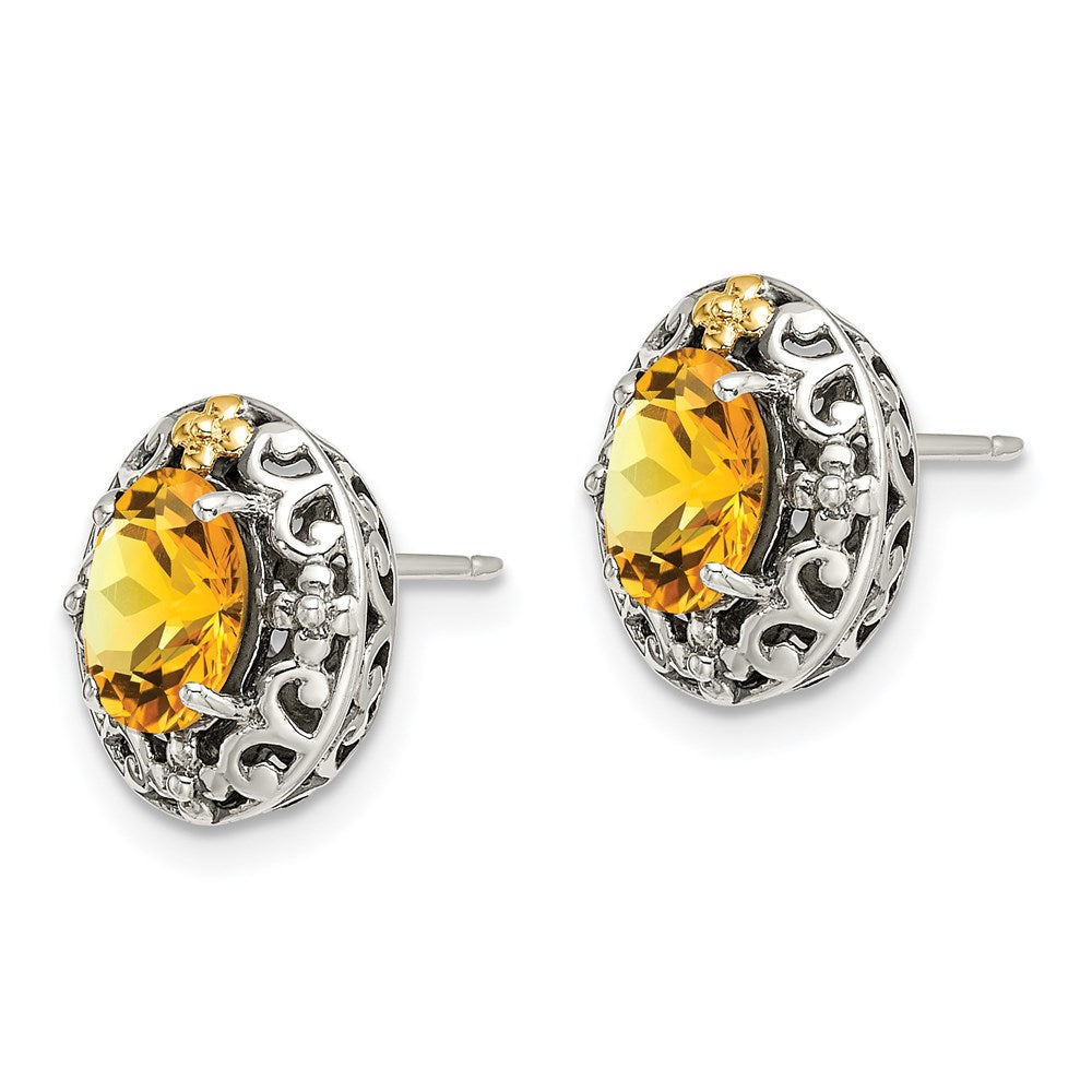 14K/Silver Two Tone Shey Couture Sterling Silver With 14K Accent Antiqued Oval Citrine Post Earrings