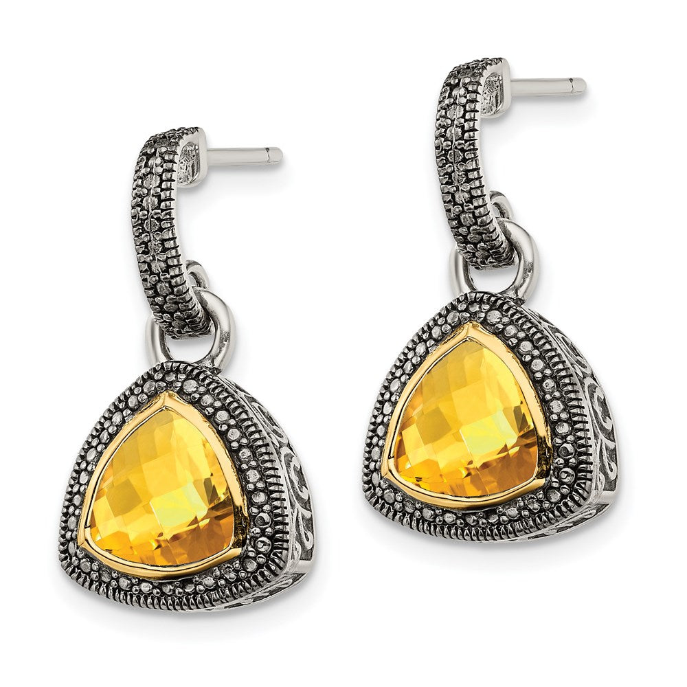 14K/Silver Two Tone Shey Couture Sterling Silver With 14K Accent Antiqued Trillion Bezel Citrine Dangle Earrings